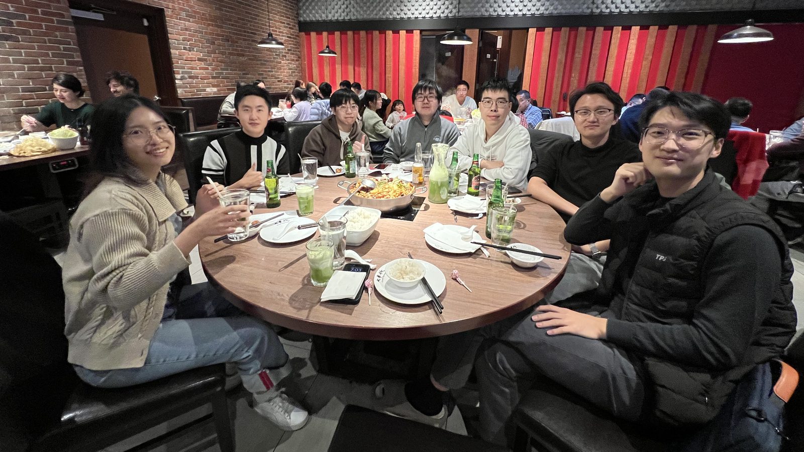 Lab members at a group dinner