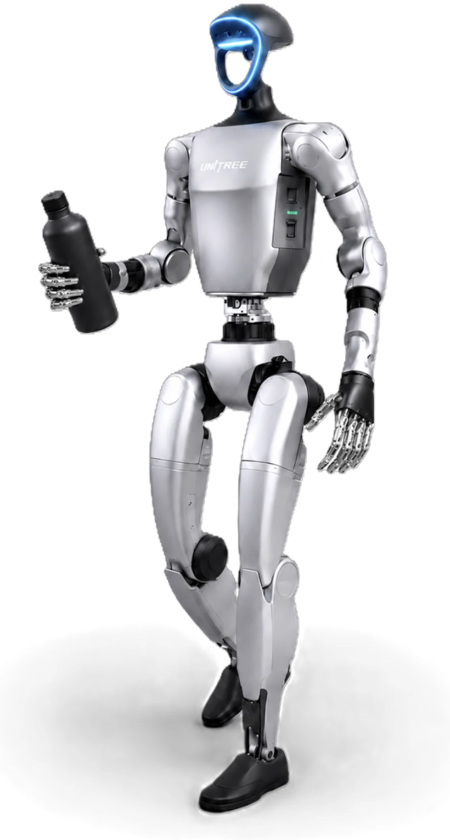 A humanoid carrying a bottle mid-stride